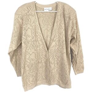 Vtg. First Issue V Neck Cardigan Sweater Womens L Gold Buttons Open Knit NWT